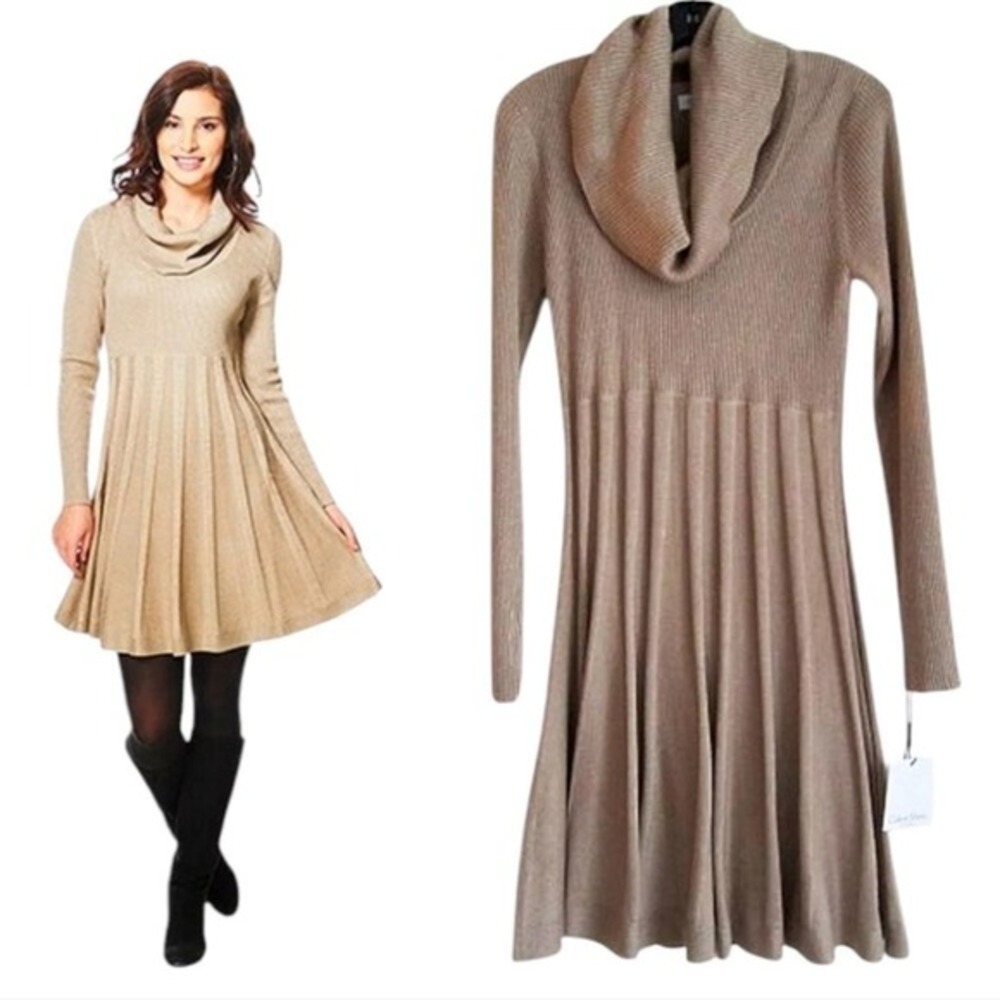 Calvin Klein Beige Tan Cowl Neck Cozy Pleated Sweater‎ Dress Size XL NEW